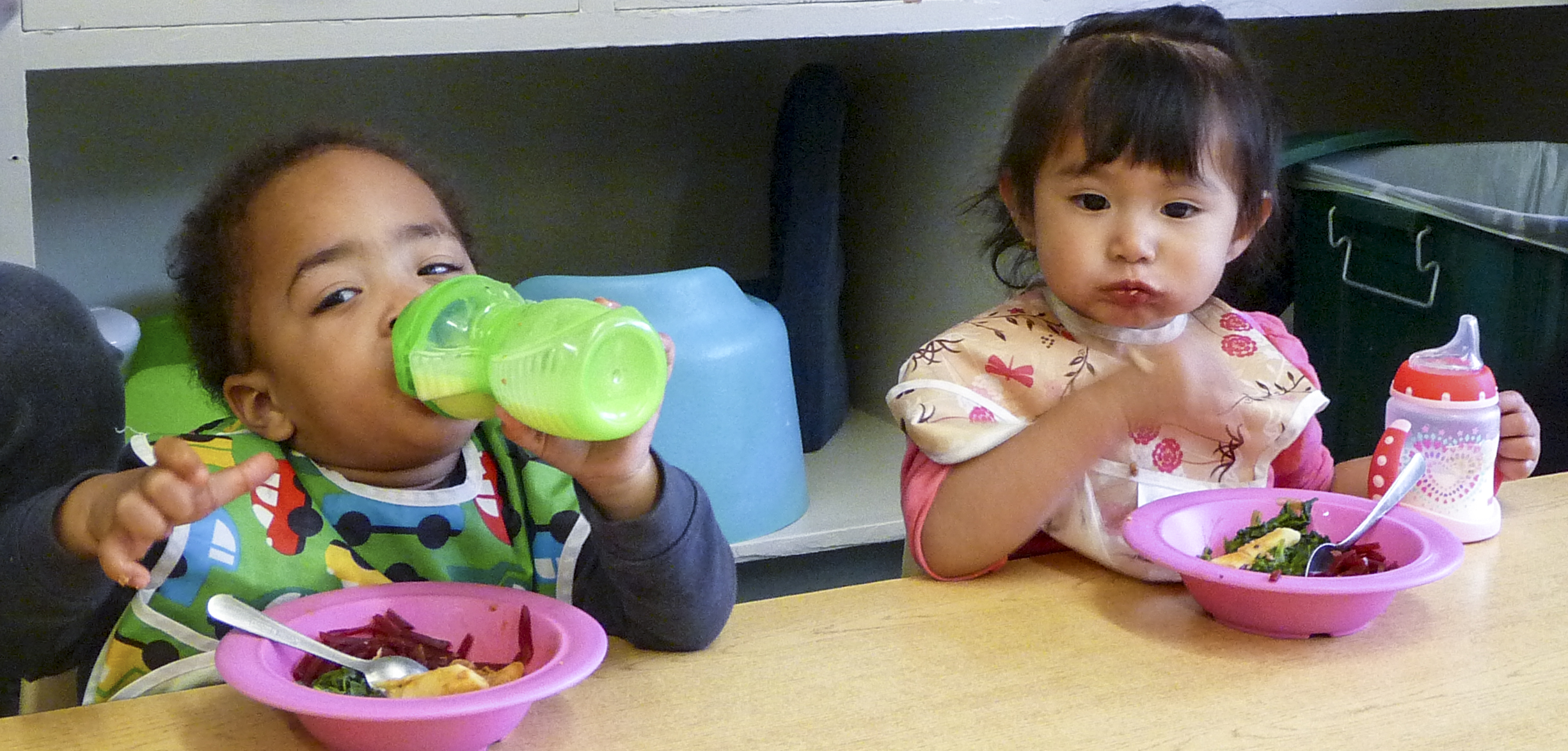 Babies eating at Felton's Family Developmental Center. 