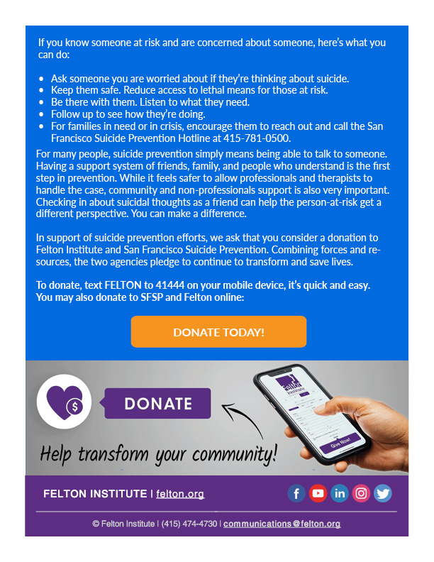 Enjoy Your July 2019 Newsletter from Felton Institute-FSA, Felton and You: Transforming Lives and Saving Lives