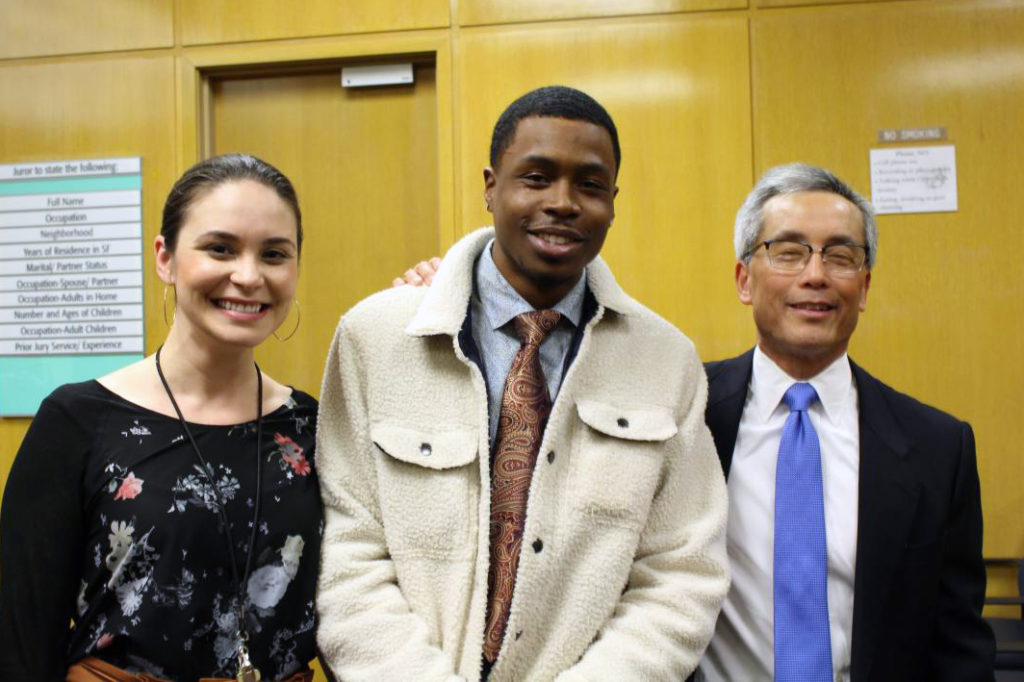 Young Adult Court Graduation, January 2019. (left to right) Felton Institute Case Manager Ashli Rocha, TAC graduate Alonso, and YAC Judge Bruce E. Chan