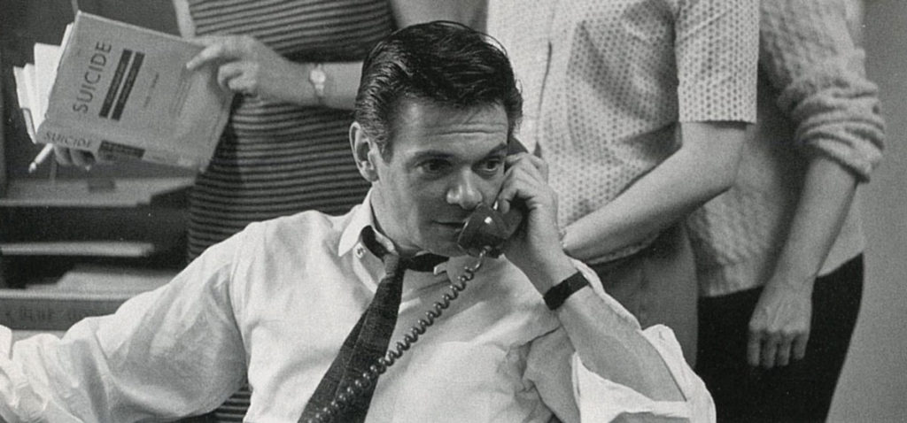 Bernard Mayes on the red telephone at the offices of the San Francisco Suicide Prevention Center - Courtesy Douglas Jones for Look Magazine - Library of Congress